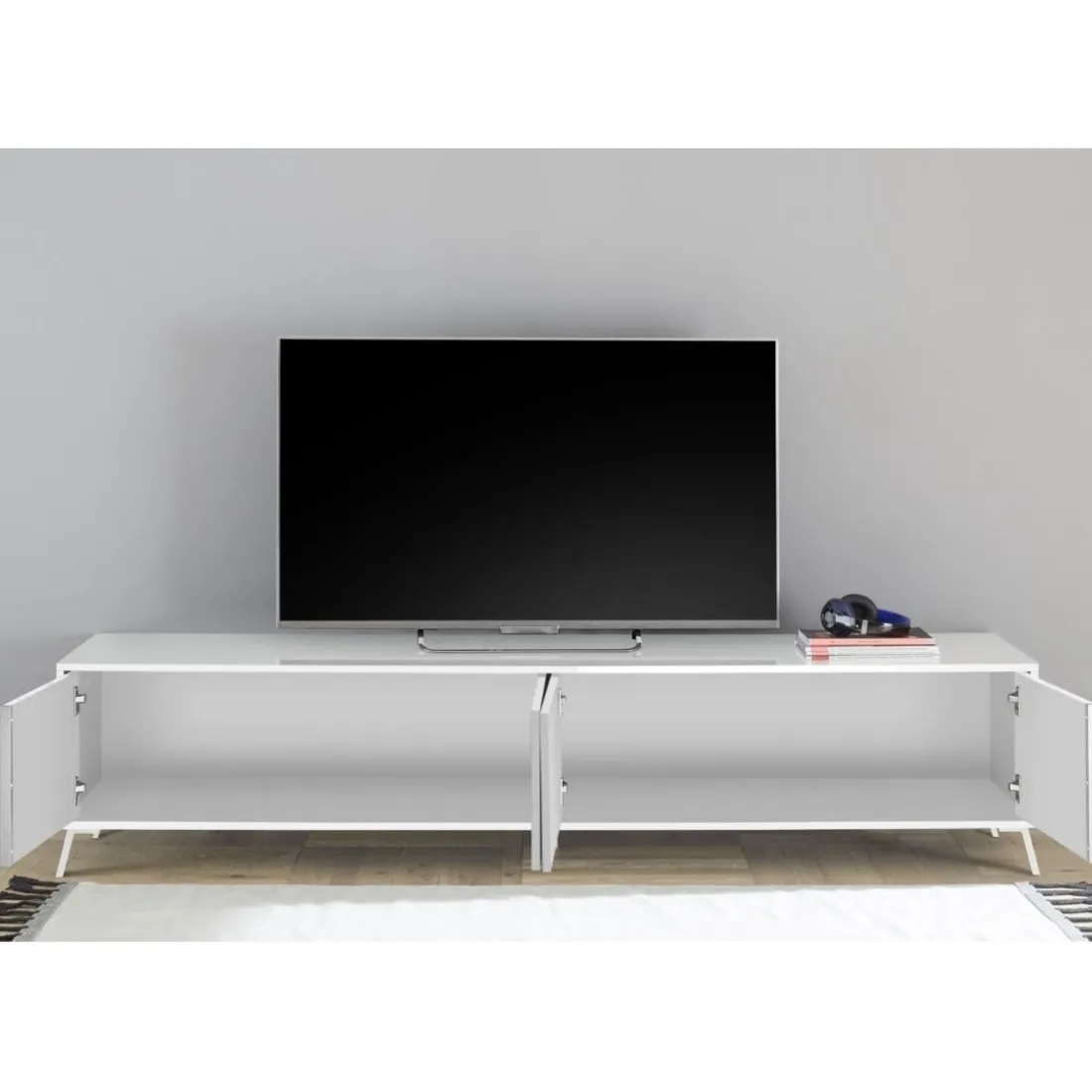 Meuble TV lowboard 4 portes blanc lacqué