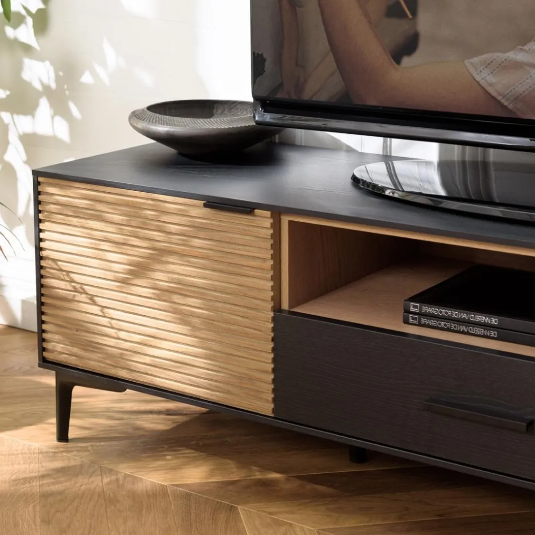 Meuble TV marron, noir 2 p. 1 tiroir 1 niche Pin pieds métal