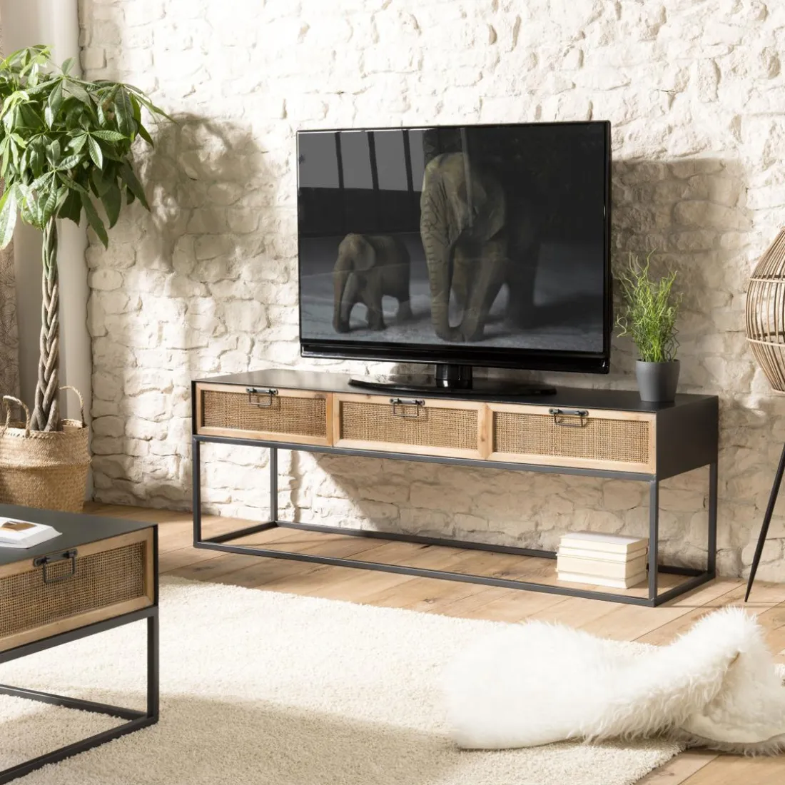 Meuble TV métal 3 tiroirs cannage - DORIA