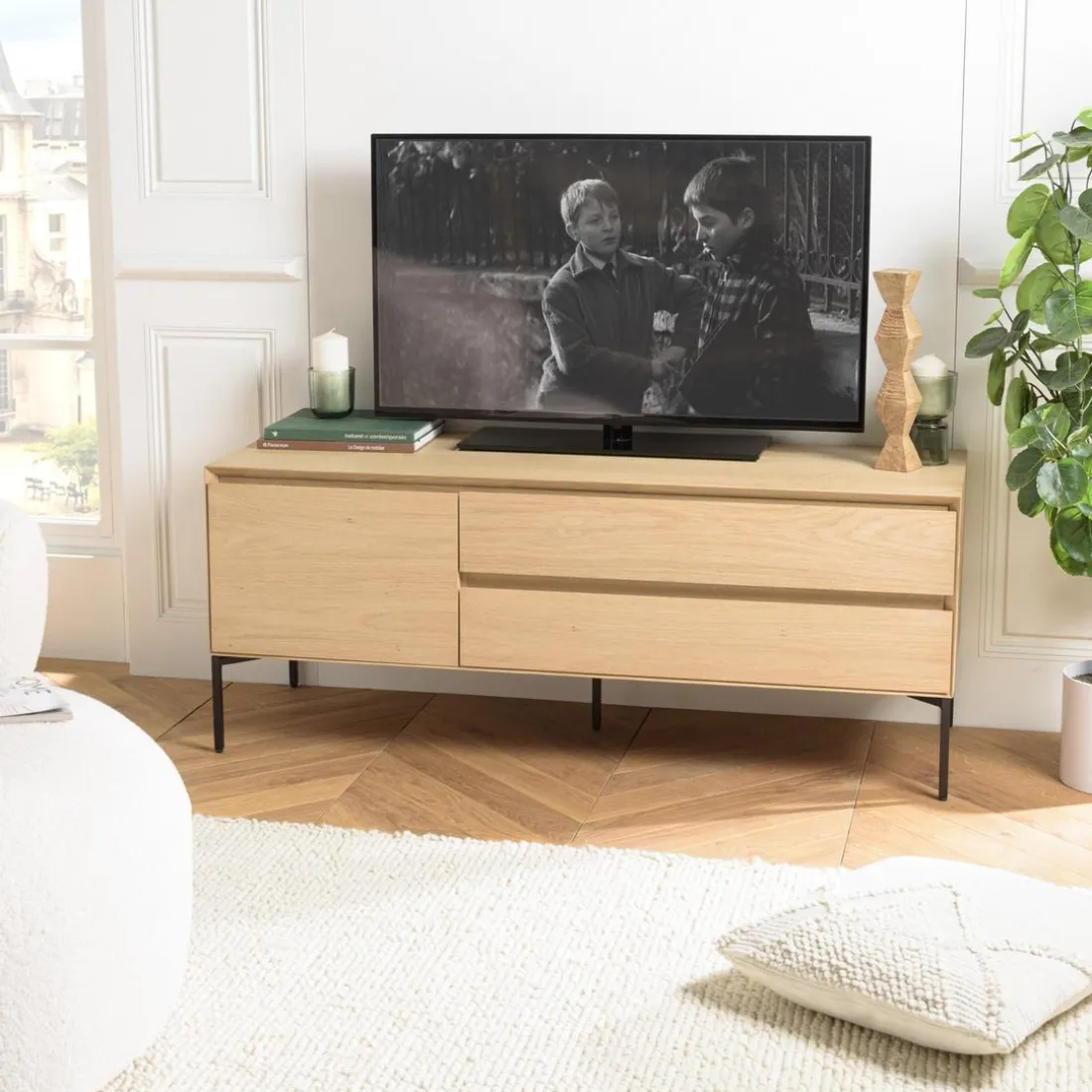 Meuble TV naturel 1 porte 2 tiroirs pieds métal noir MAXENDRE