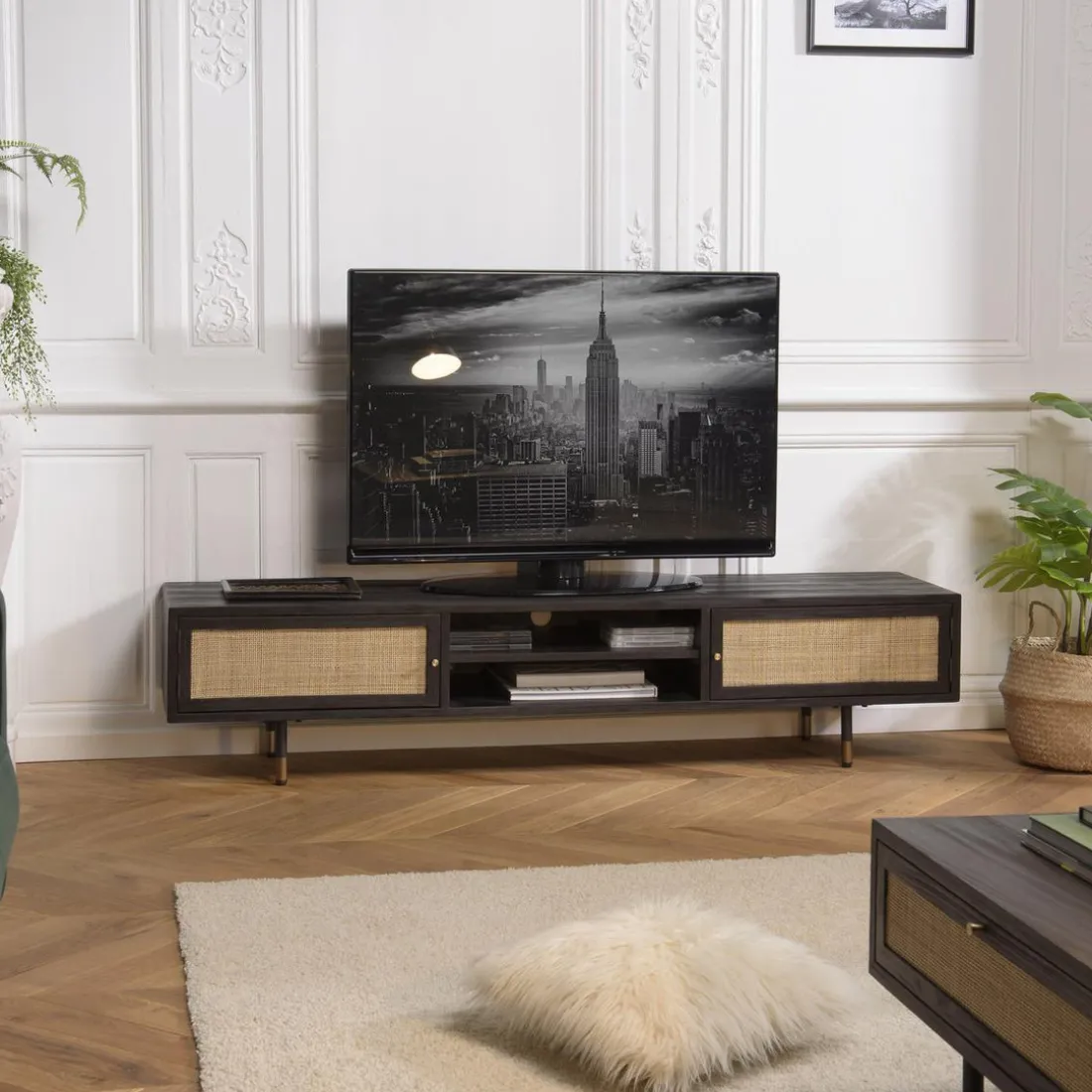 Meuble TV Noir 2 Niches 2 Portes Cannage YANIS
