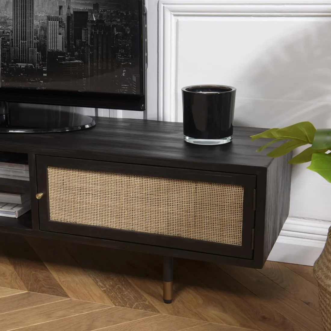 Meuble TV Noir 2 Niches 2 Portes Cannage YANIS