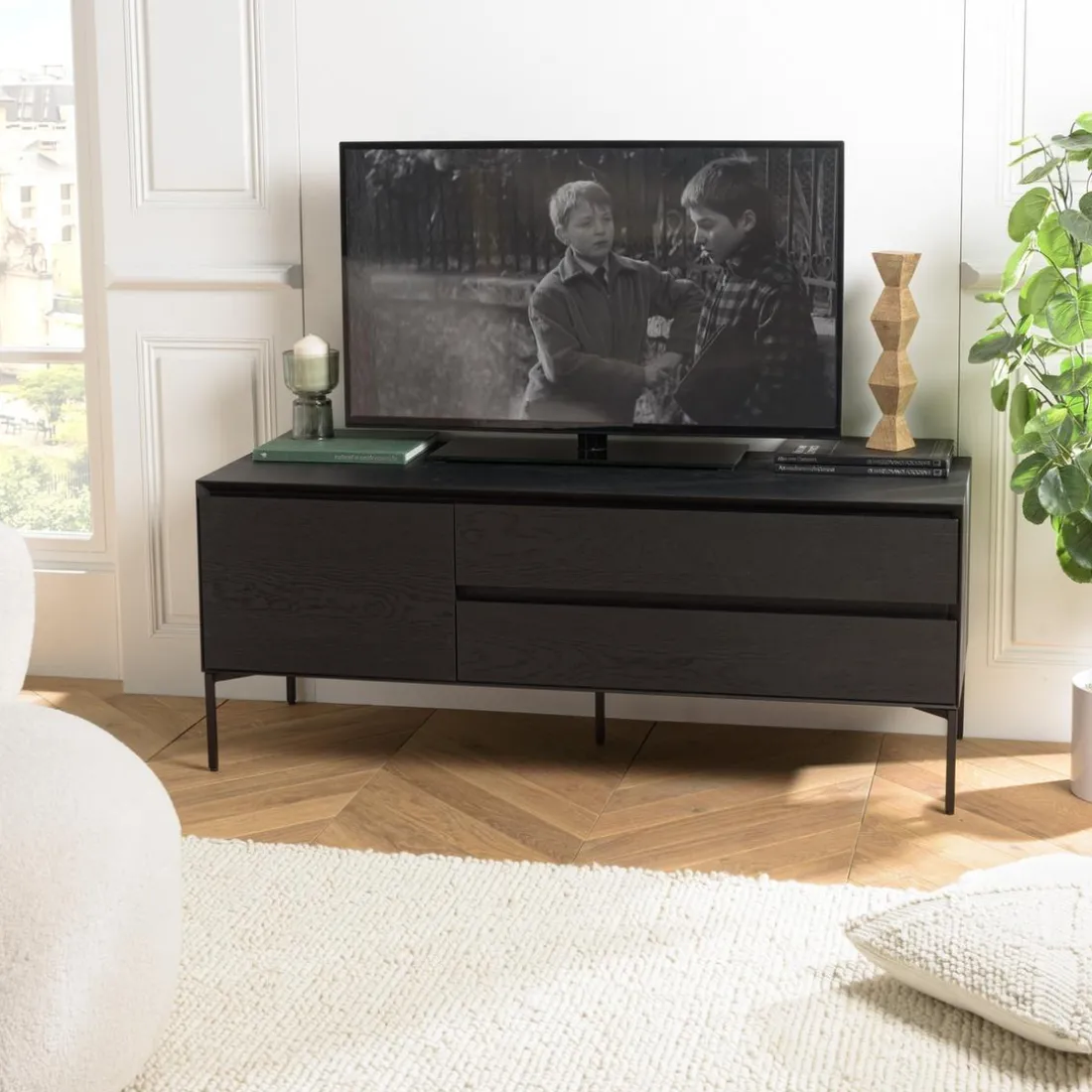 Meuble TV noir 1 porte 2 tiroirs pieds métal noir MAXENDRE