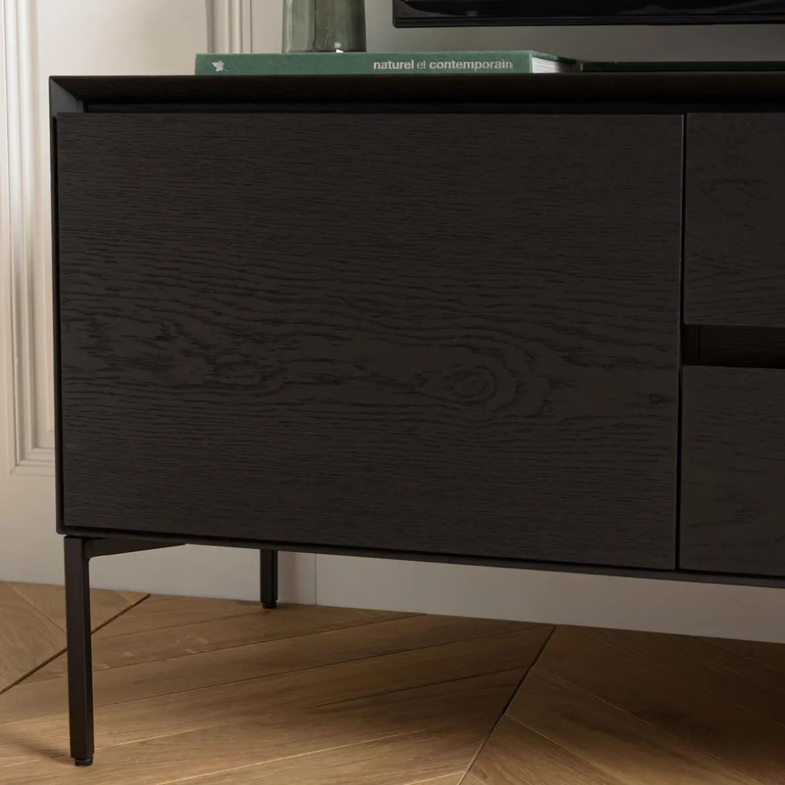 Meuble TV noir 1 porte 2 tiroirs pieds métal noir MAXENDRE