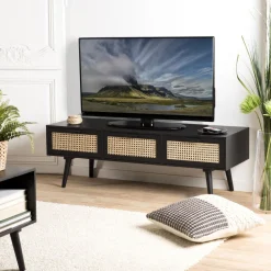 Meuble TV noir 3 tiroirs cannage - MIKEL