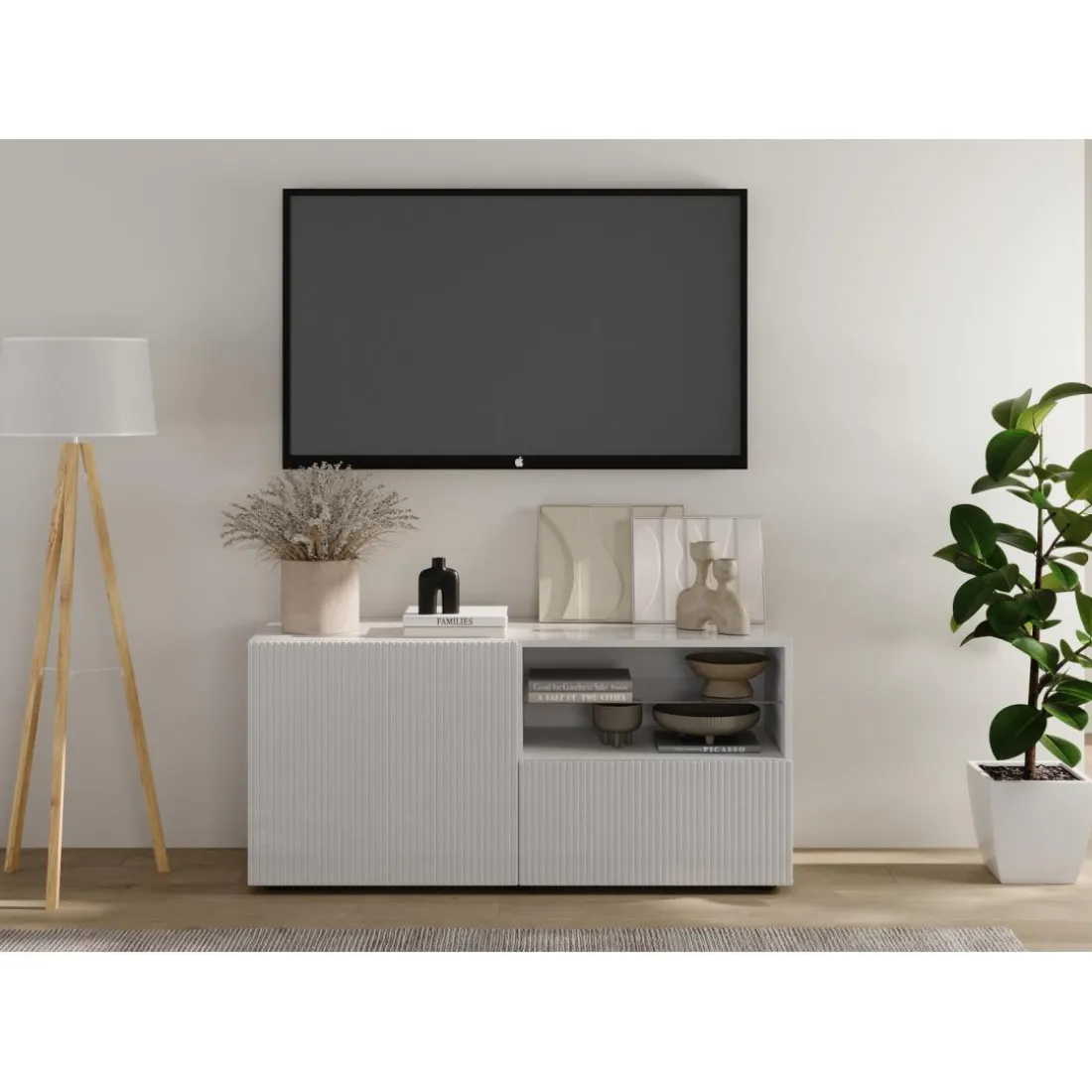 Meuble TV petit 1 porte 1 tiroir RIO blanc laqué brillant