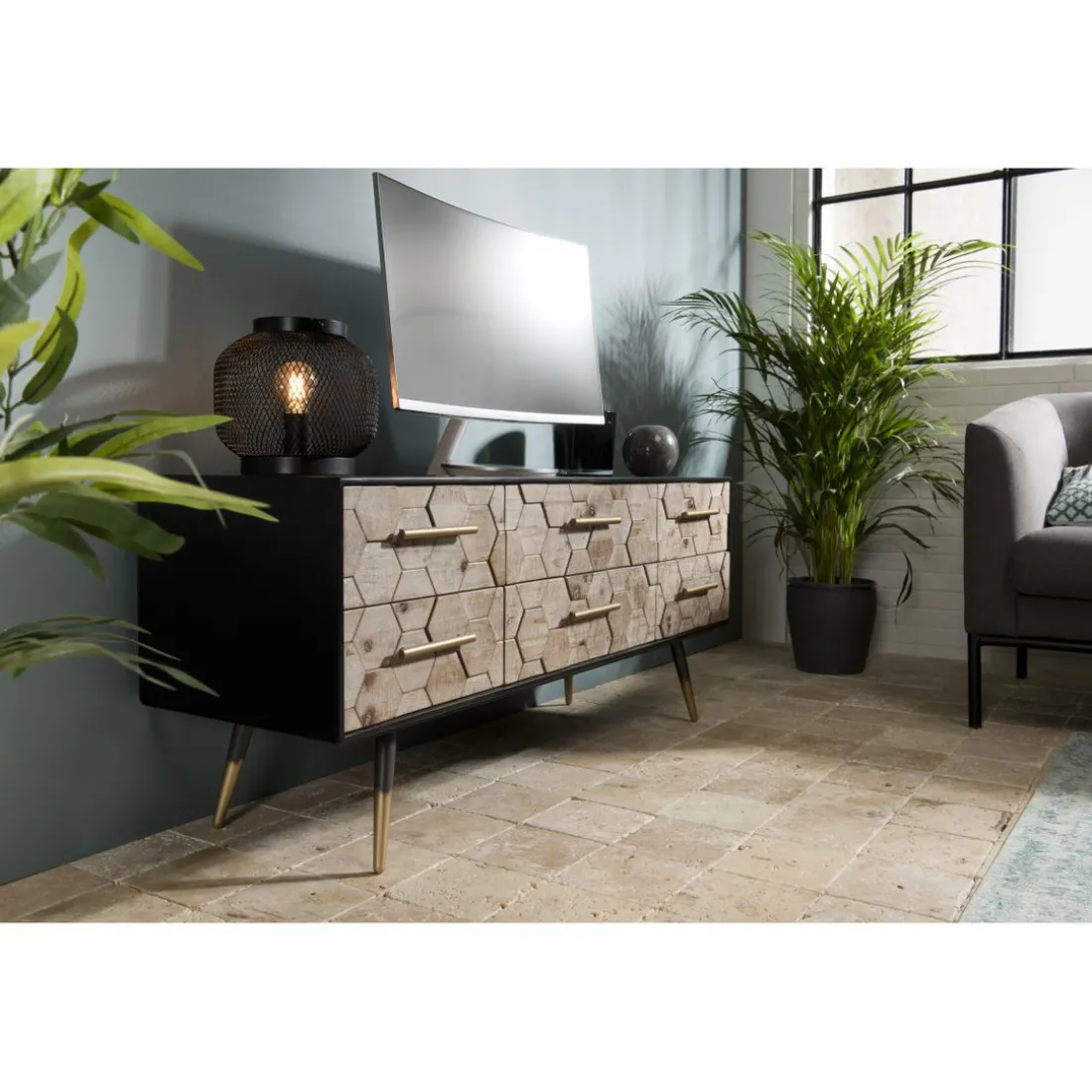 Meuble TV scandinave 6 tiroirs en sapin pieds métal - DEBBIE
