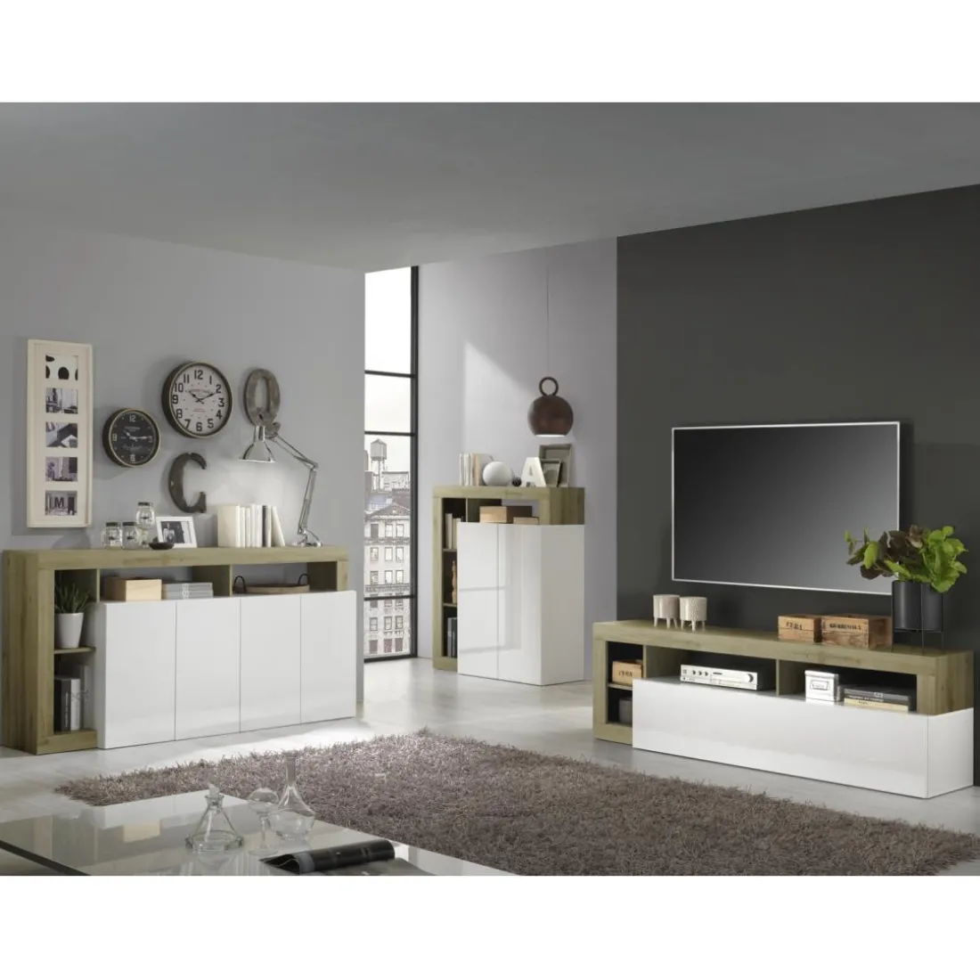 Meuble TV un abattant blanc lacqué brillant chene Cadiz