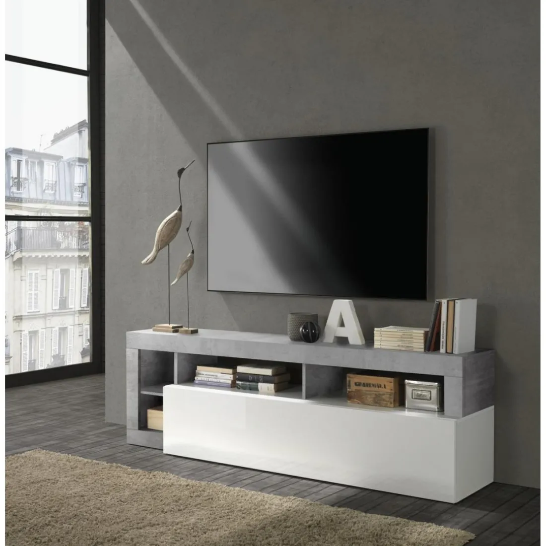 Meuble TV un abattant blanc lacqué brillant béton