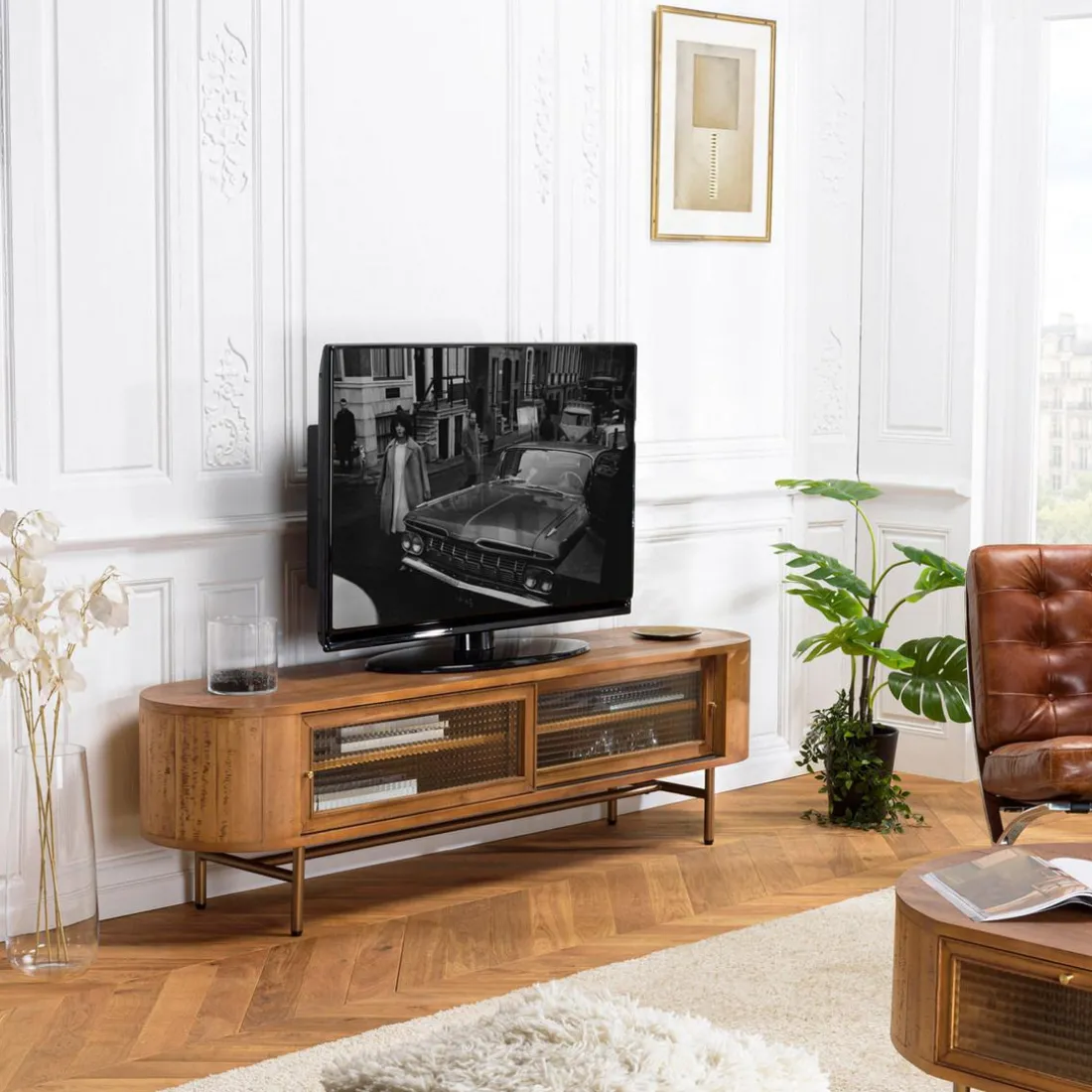 Meuble TV YSEULT 2 portes coulissantes en verre