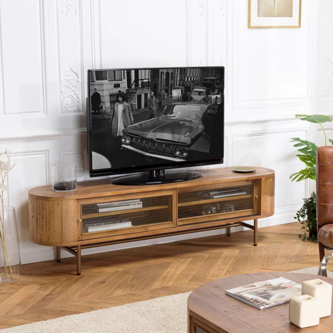 Meuble TV YSEULT 2 portes coulissantes en verre
