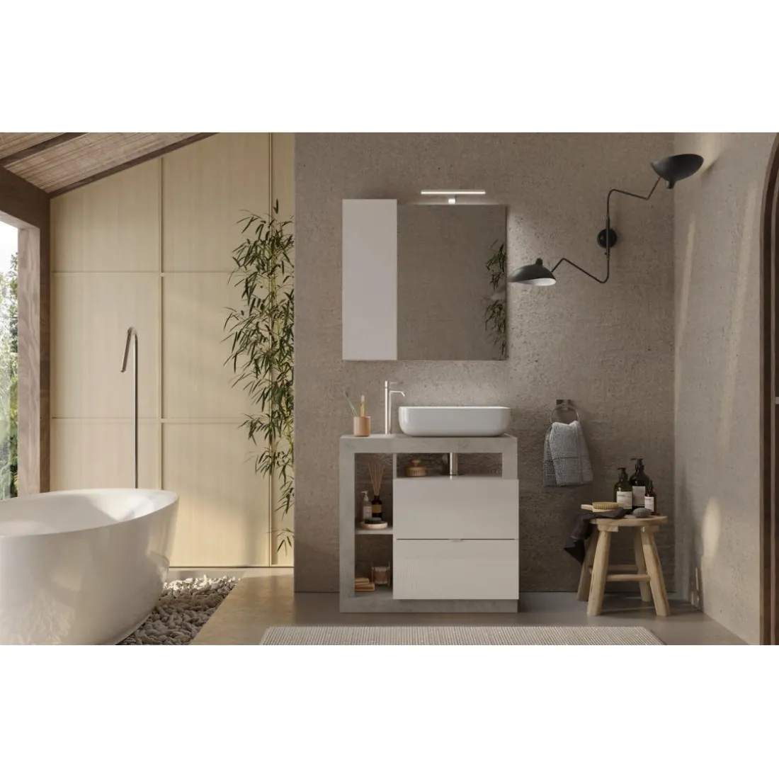 Miroir Led Ancona avec Colonne Integrée 1 Porte coloris Béton L78 cm