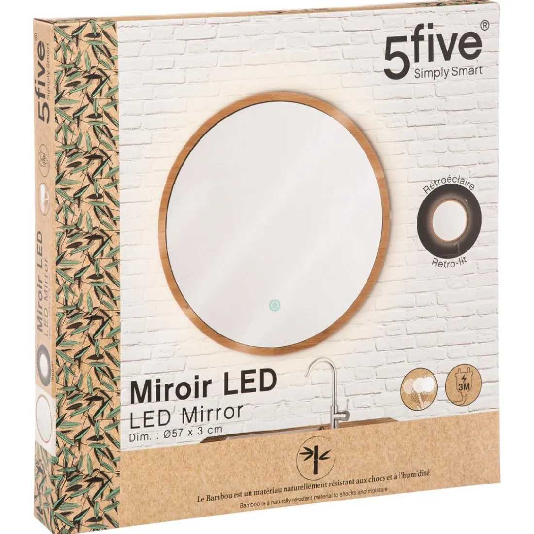 Miroir LED Mural Rond Bambou