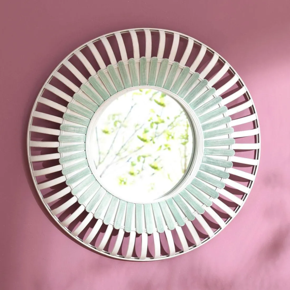 Miroir rond en bambou MOUSSA vert et blanc