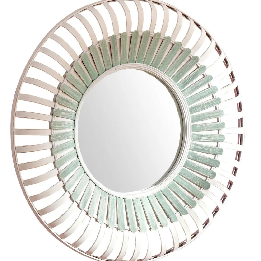 Miroir rond en bambou MOUSSA vert et blanc