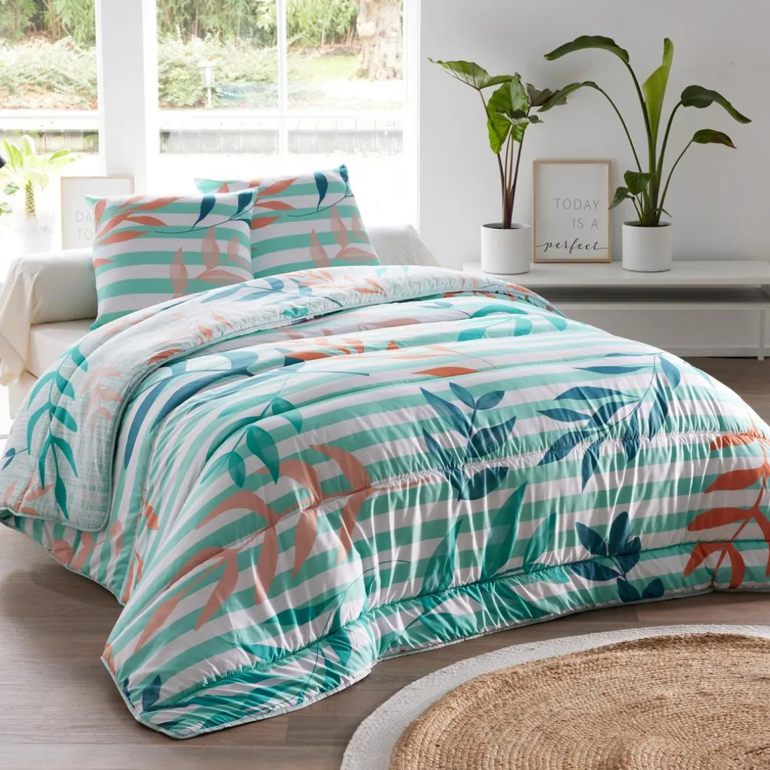 Oreiller en polyester HOJAS DÉCO DOUBLE FACE bleu turquoise