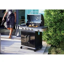 Pack Barbecue gaz Américain FIDGI 4 brûleurs avec Housse et Coffret 3 pièces aimantés : pince, spatule, fourchette