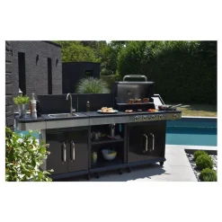 Pack Barbecue gaz FIDGI 4 Brûleurs avec desserte et évier avec Housse et Coffret 3 pièces aimantés