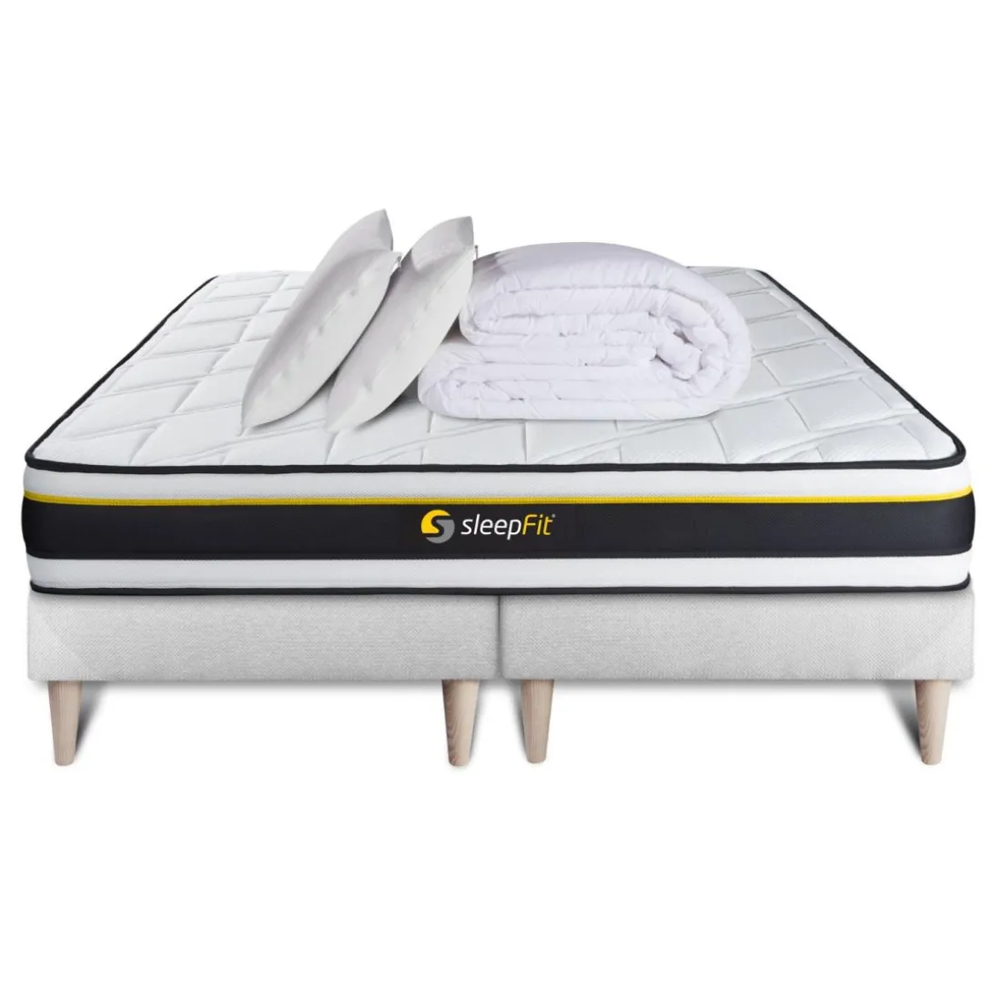 Pack double sommier matelas SOFT 2 oreillers memoire de forme Couette Percale