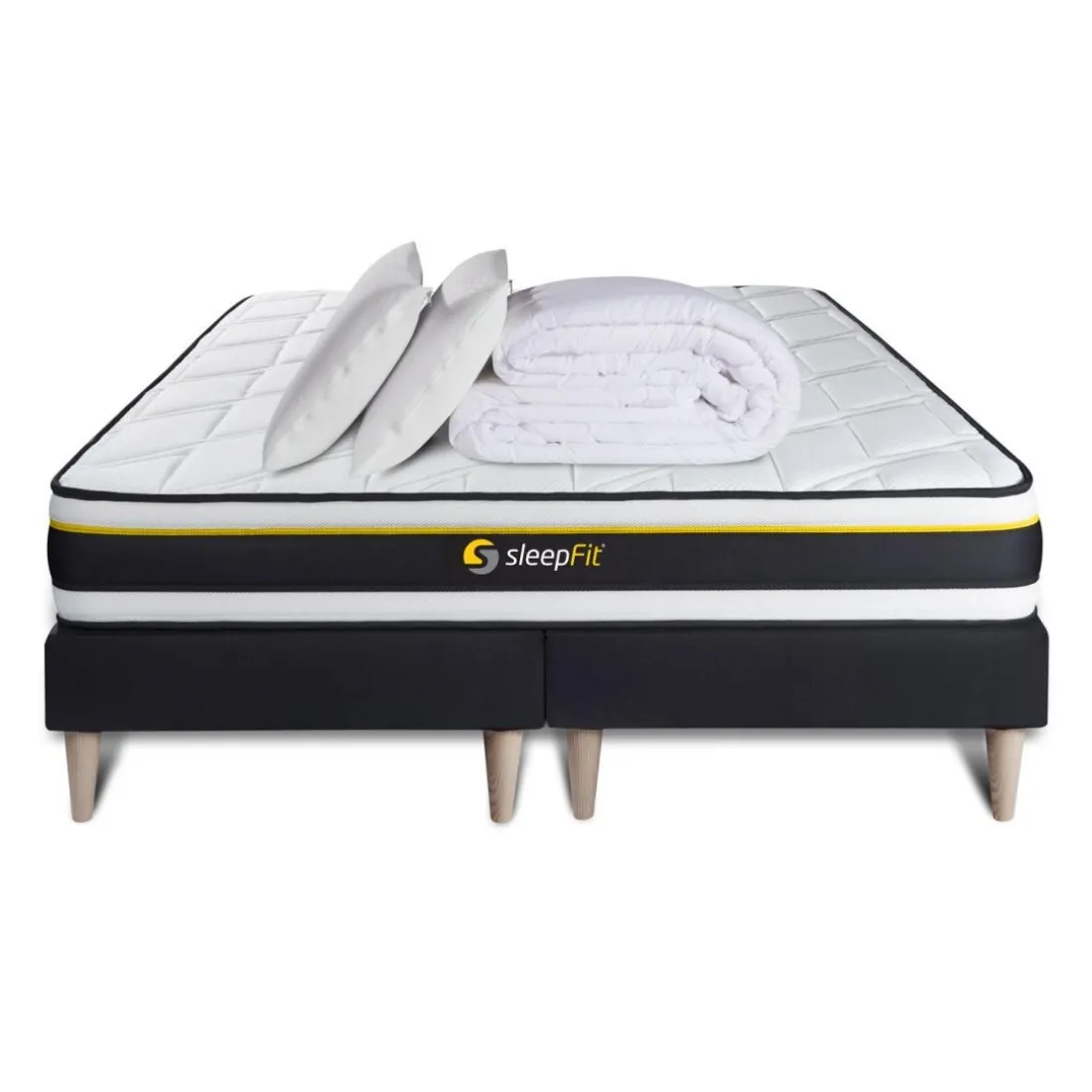 Pack double sommier matelas SOFT 2 oreillers memoire de forme et Couette Percale