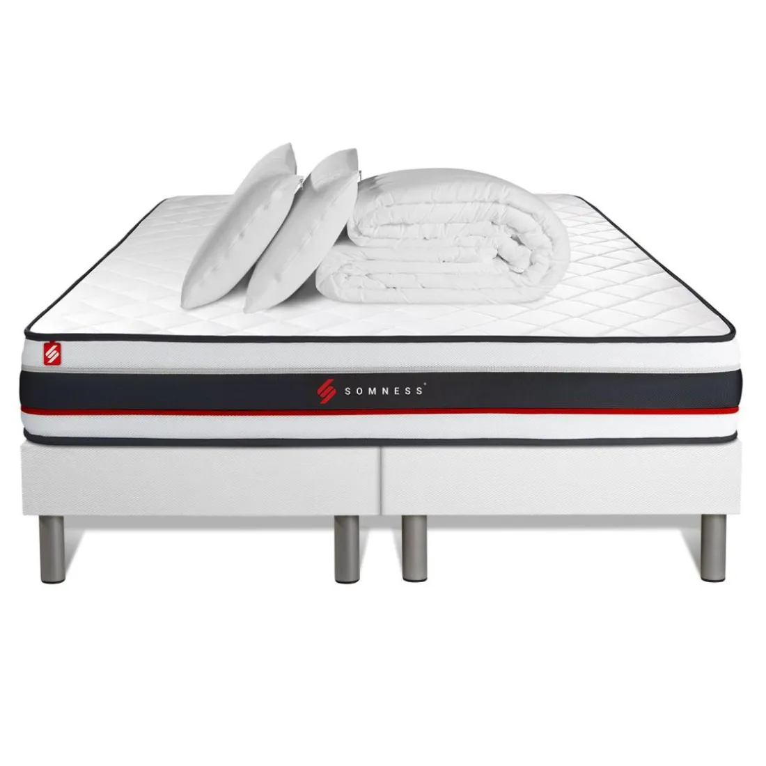 Pack double sommier matelas et 2 oreillers memoire de forme Couette Percale