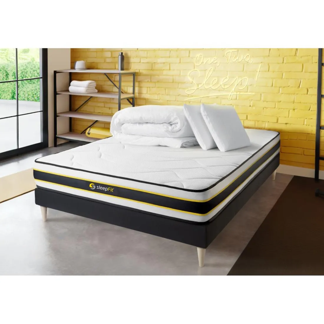 Pack matelas FLEXY sommier noir Couette et 2 oreillers