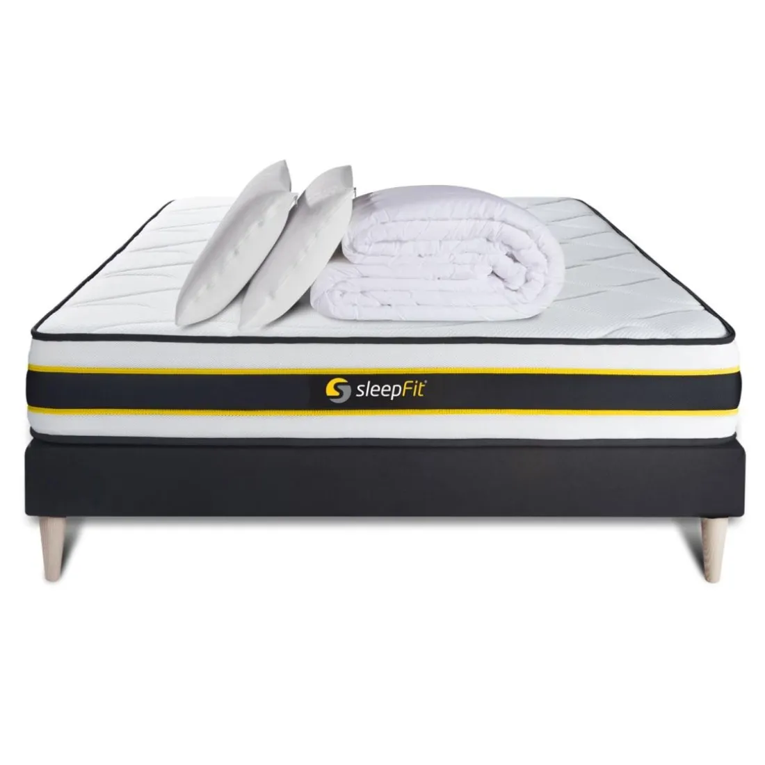 Pack matelas FLEXY sommier noir Couette et 2 oreillers