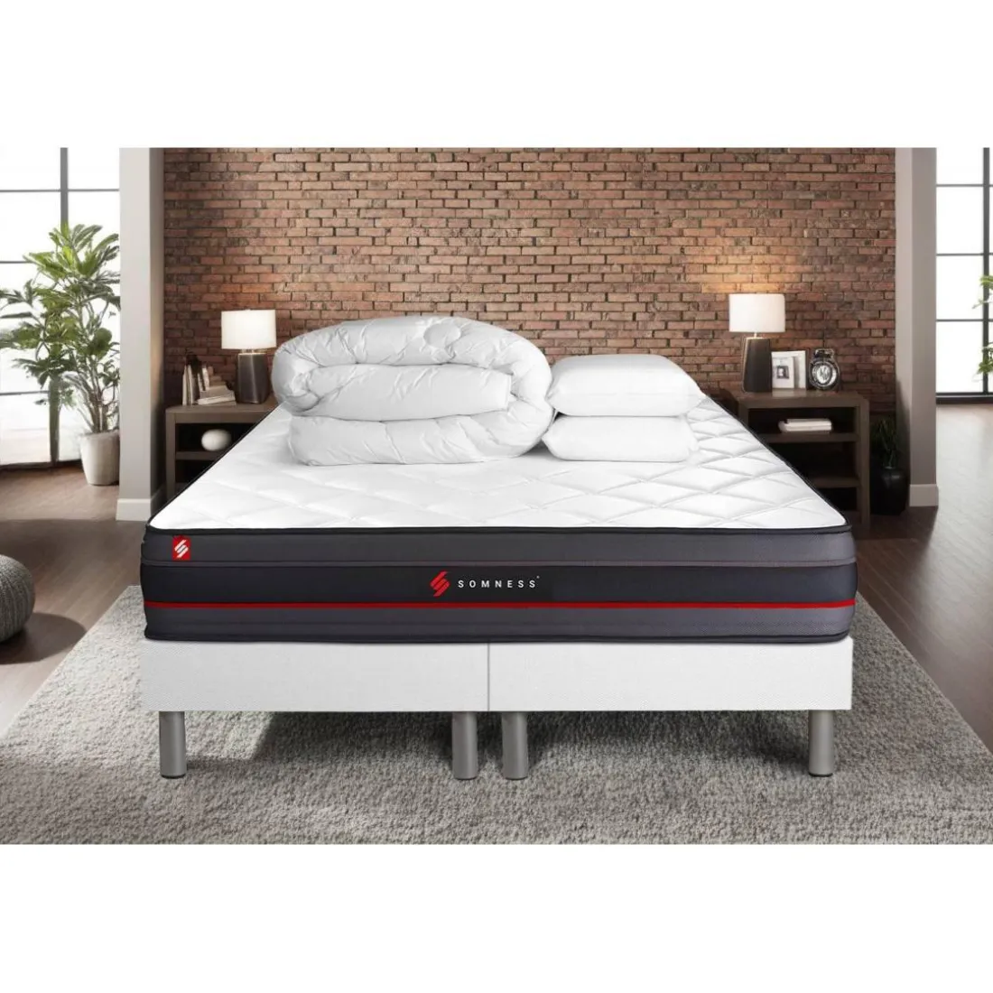 Pack matelas REGEN double sommiers blanc Couette 2 oreillers