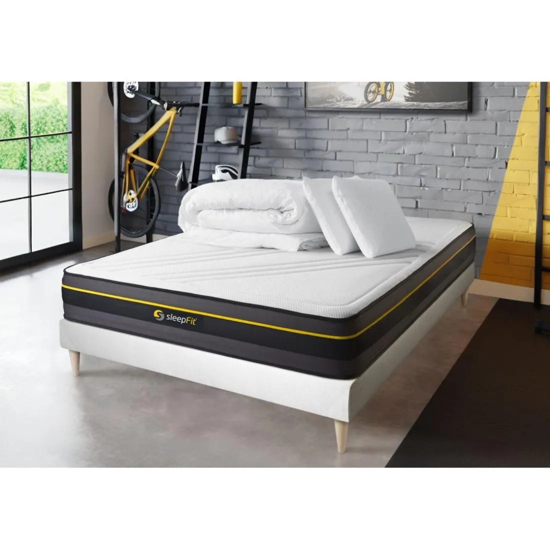 Pack prêt a dormir matelas ACTIVE sommier kit blanc 2 oreillers memoire de forme et Couette Percale