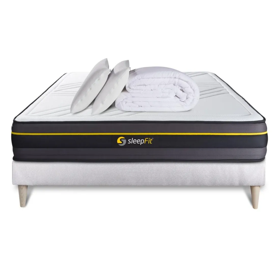 Pack prêt a dormir matelas ACTIVE sommier kit blanc 2 oreillers memoire de forme et Couette Percale
