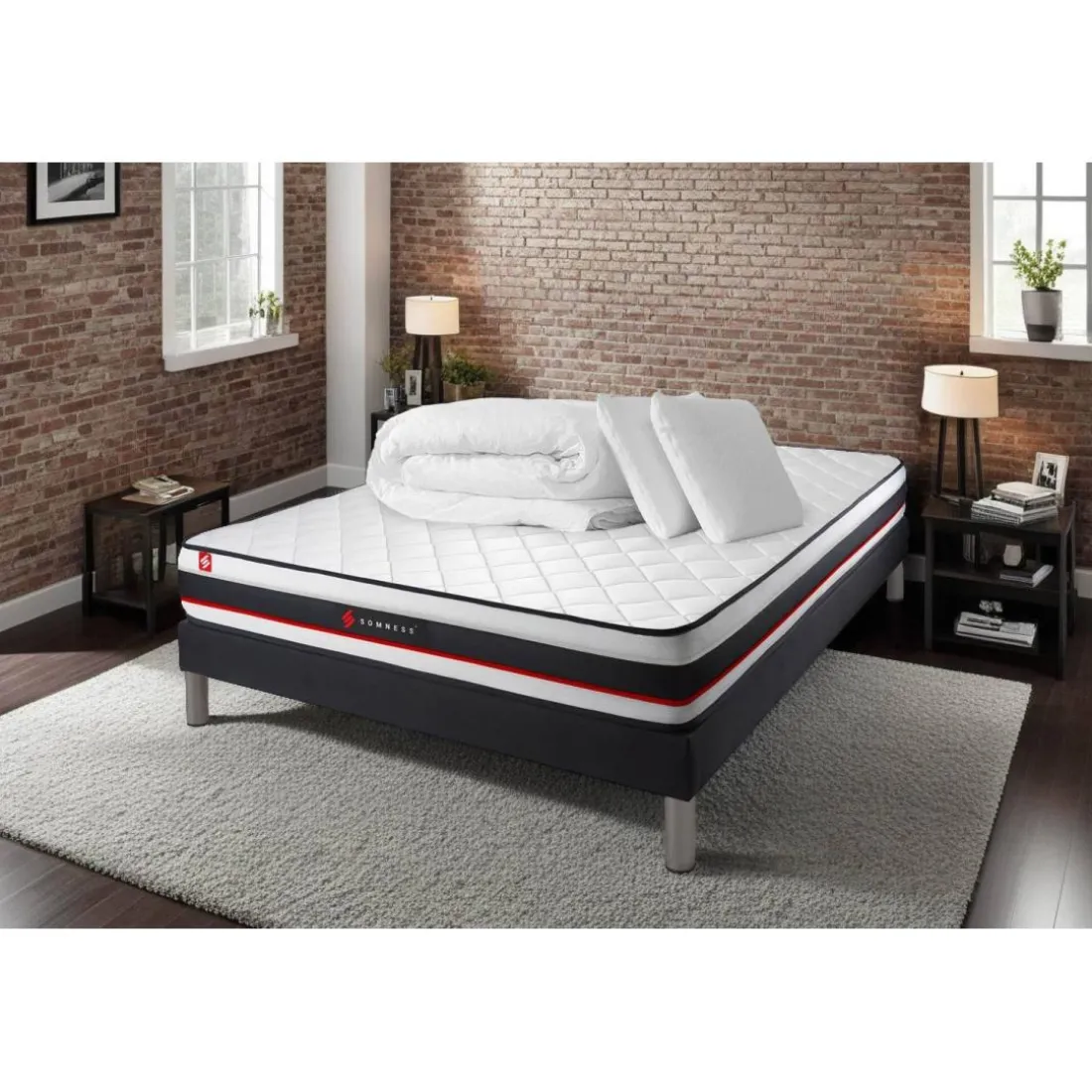 Pack prêt a dormir matelas avec sommier kit noir et 2 oreillers memoire de forme Couette Percale