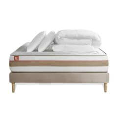 Pack prêt a dormir matelas LE TENDRE Ressorts ensaches Memoire de forme sommier kit Beige