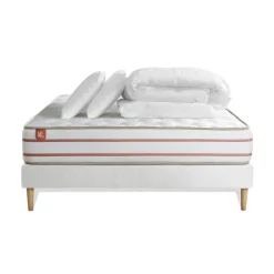 Pack prêt a dormir matelas LE DOUX Memoire de forme sommier Blanc et 2 oreillers couette