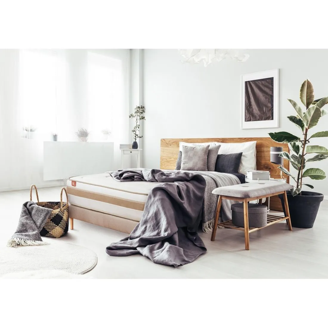 Pack prêt a dormir matelas LE RAFFINÉ Ressorts ensaches Memoire de forme BioVisco sommier kit Beige