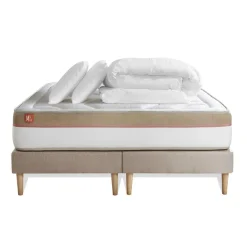 Pack prêt a dormir matelas Memoire de forme double sommiers Beige 2 oreillers couette