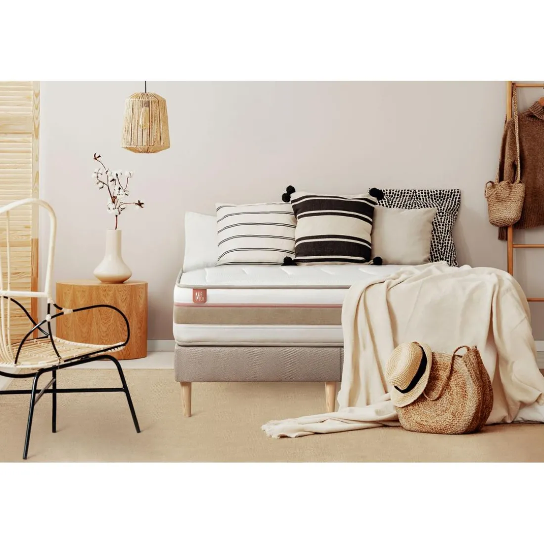 Pack prêt a dormir matelas LE TENDRE Ressorts ensaches Memoire de forme double sommiers Beige