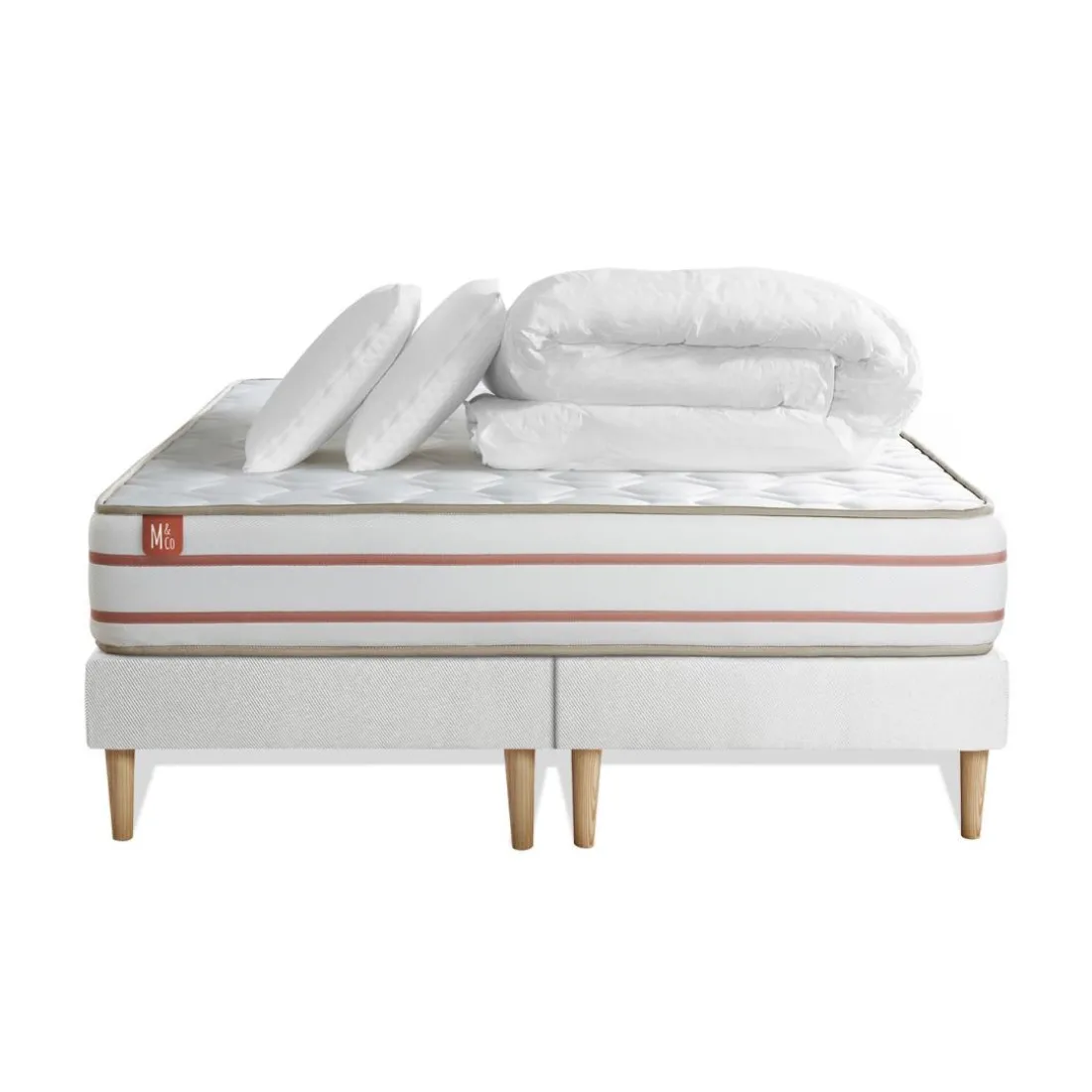 Pack prêt a dormir matelas LE DOUX Memoire de forme double sommiers Blanc 2 oreillers couette