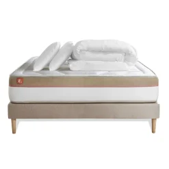 Pack prêt a dormir matelas LE COSY Memoire de forme sommier kit Beige 2 oreillers, couette