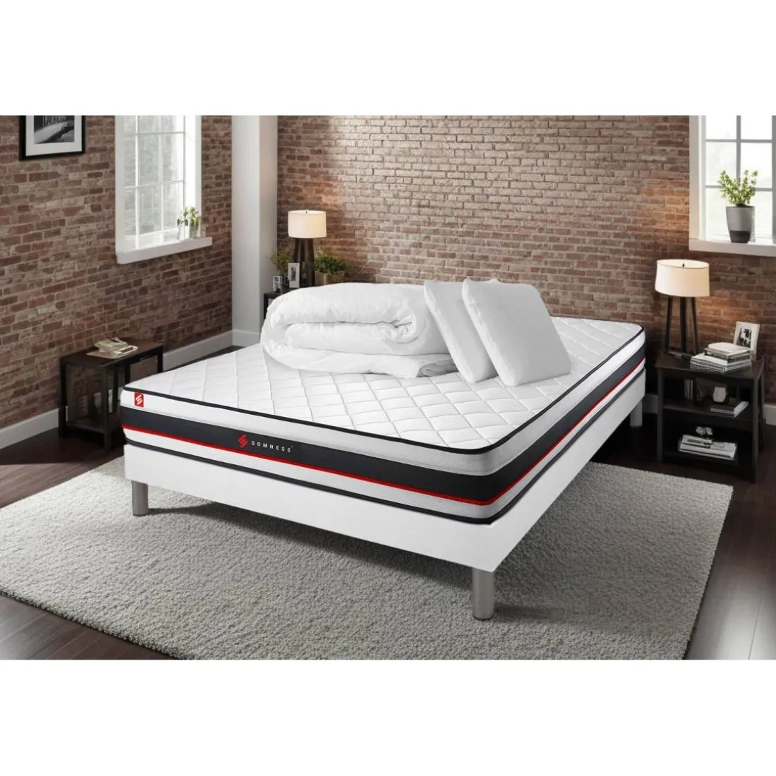 Pack prêt a dormir matelas avec sommier kit blanc et 2 oreillers memoire de forme Couette Percale