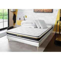 Pack prêt a dormir matelas SOFT sommier kit blanc 2 oreillers memoire de forme Couette Percale