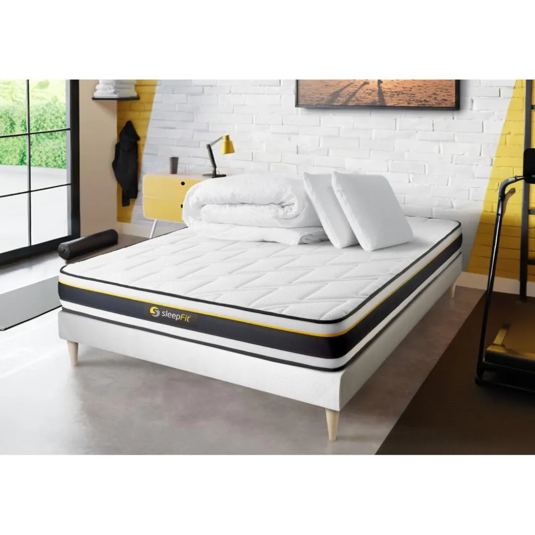 Pack prêt a dormir matelas SOFT sommier kit blanc 2 oreillers memoire de forme Couette Percale
