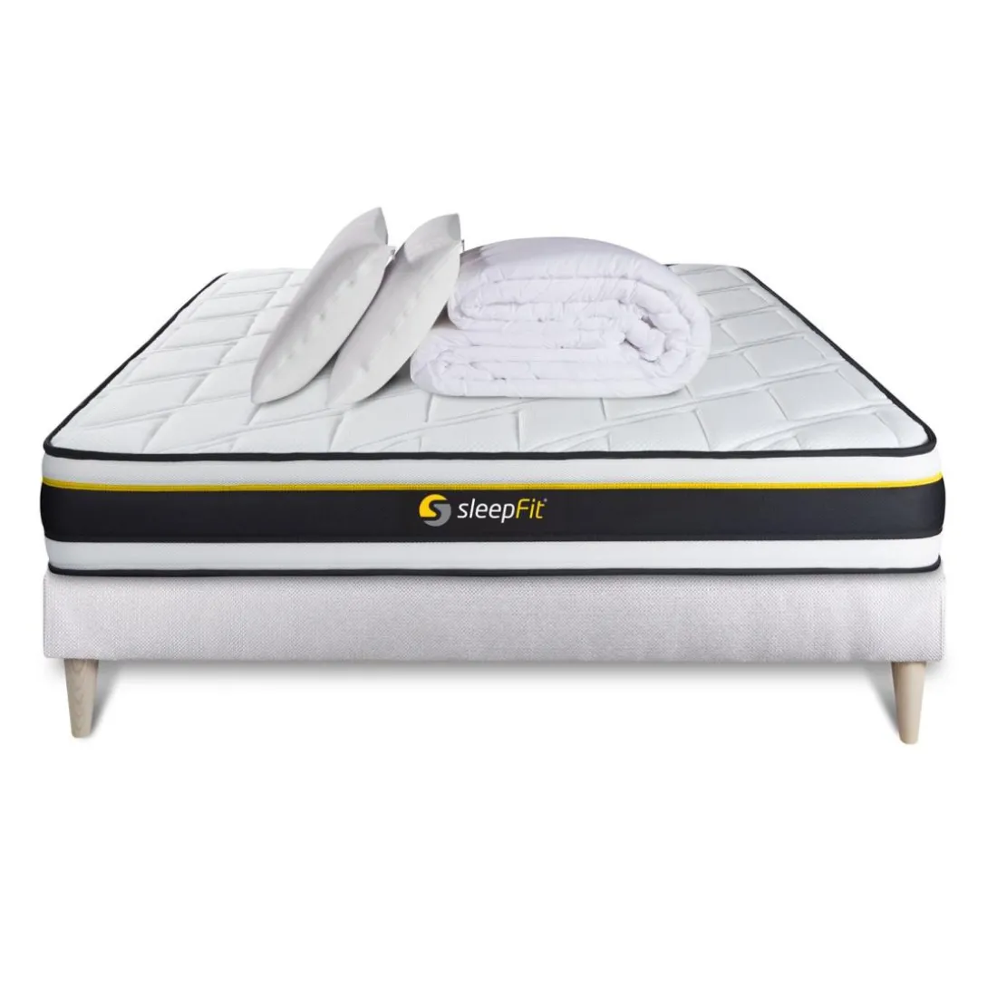 Pack prêt a dormir matelas SOFT sommier kit blanc 2 oreillers memoire de forme Couette Percale