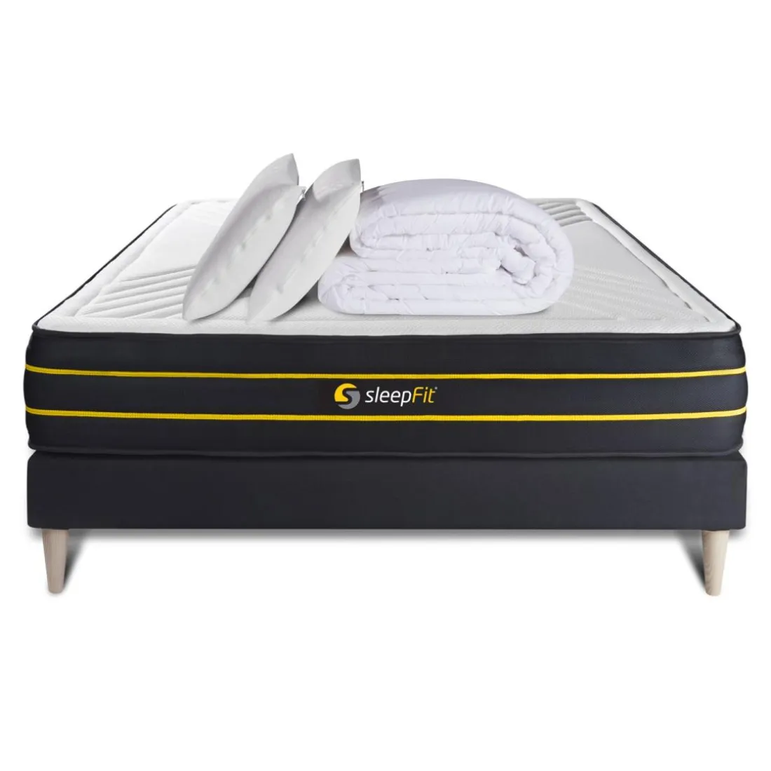 Pack prêt a dormir matelas ULTRA sommier kit noir 2 oreillers memoire de forme et Couette Percale