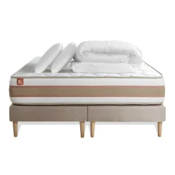 Pack prêt a dormir matelas LE DÉLICAT Ressorts ensaches et Memoire de forme double sommiers Beige
