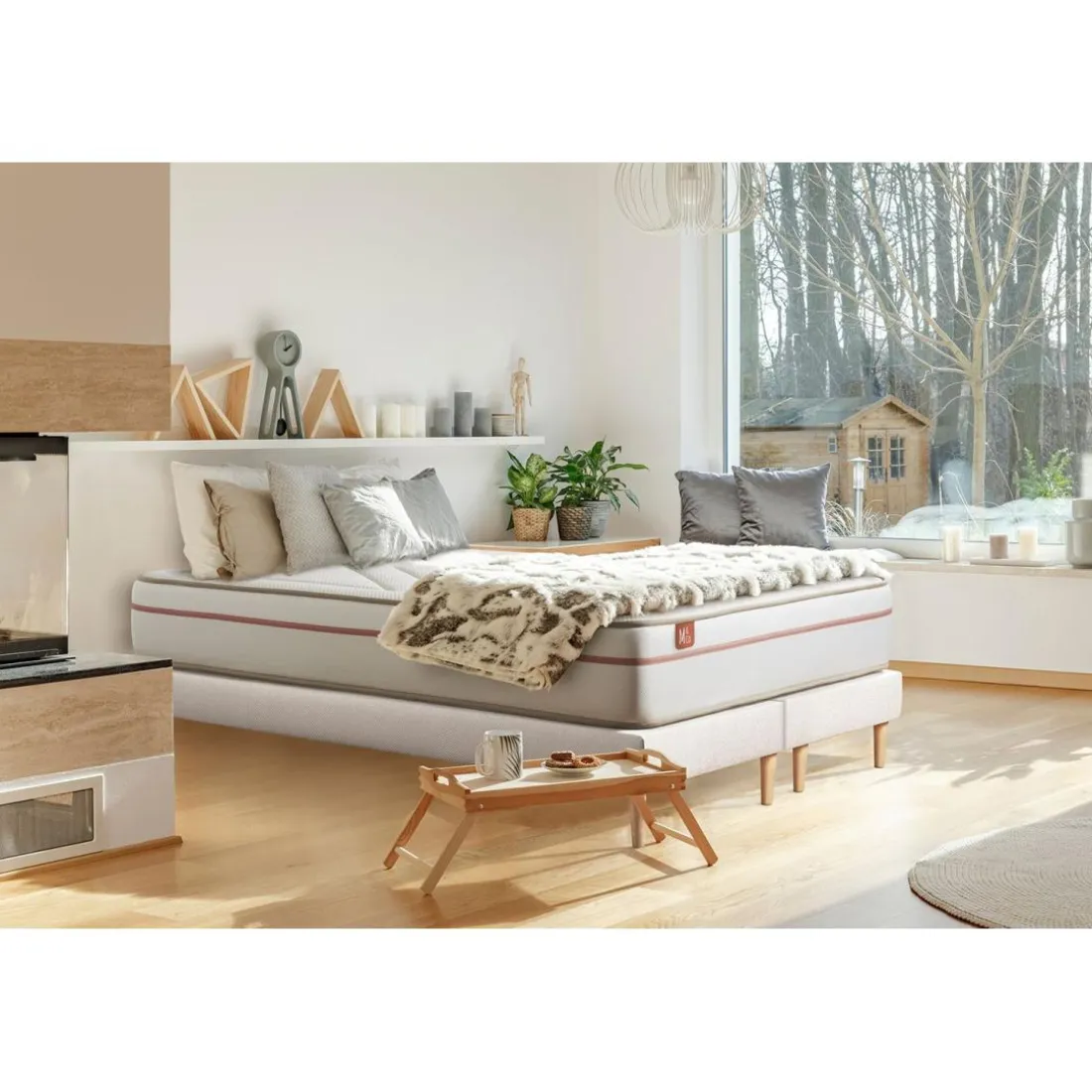 Pack prêt a dormir matelas LE PAISIBLE Memoire de forme BioVisco double sommiers Blanc 2 oreillers couette