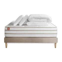 Pack prêt a dormir matelas LE DOUILLET Memoire de forme BioVisco sommier Beige 2 oreillers couette