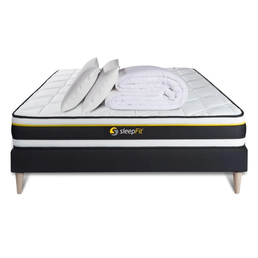 Pack prêt a dormir matelas SOFT sommier kit noir 2 oreillers memoire de forme Couette Percale