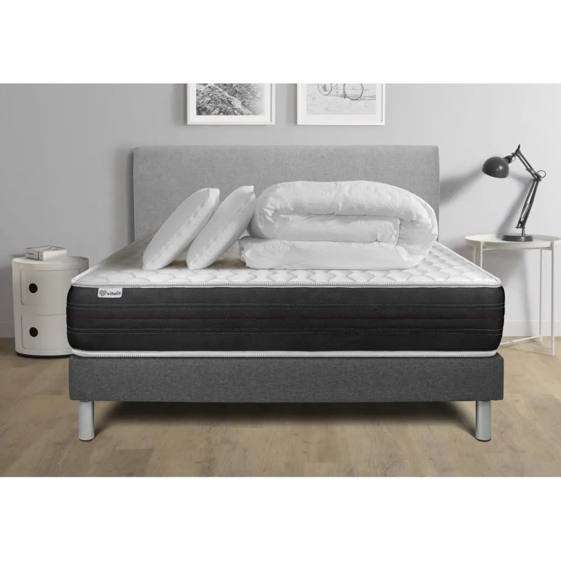 Pack prêt a dormir VITALSPRING sommier Kit gris