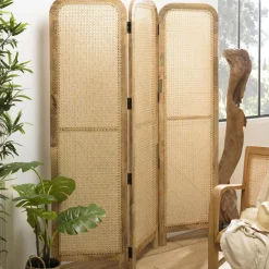 Paravent marron bois de manguier et cannage couleur naturelle ISA