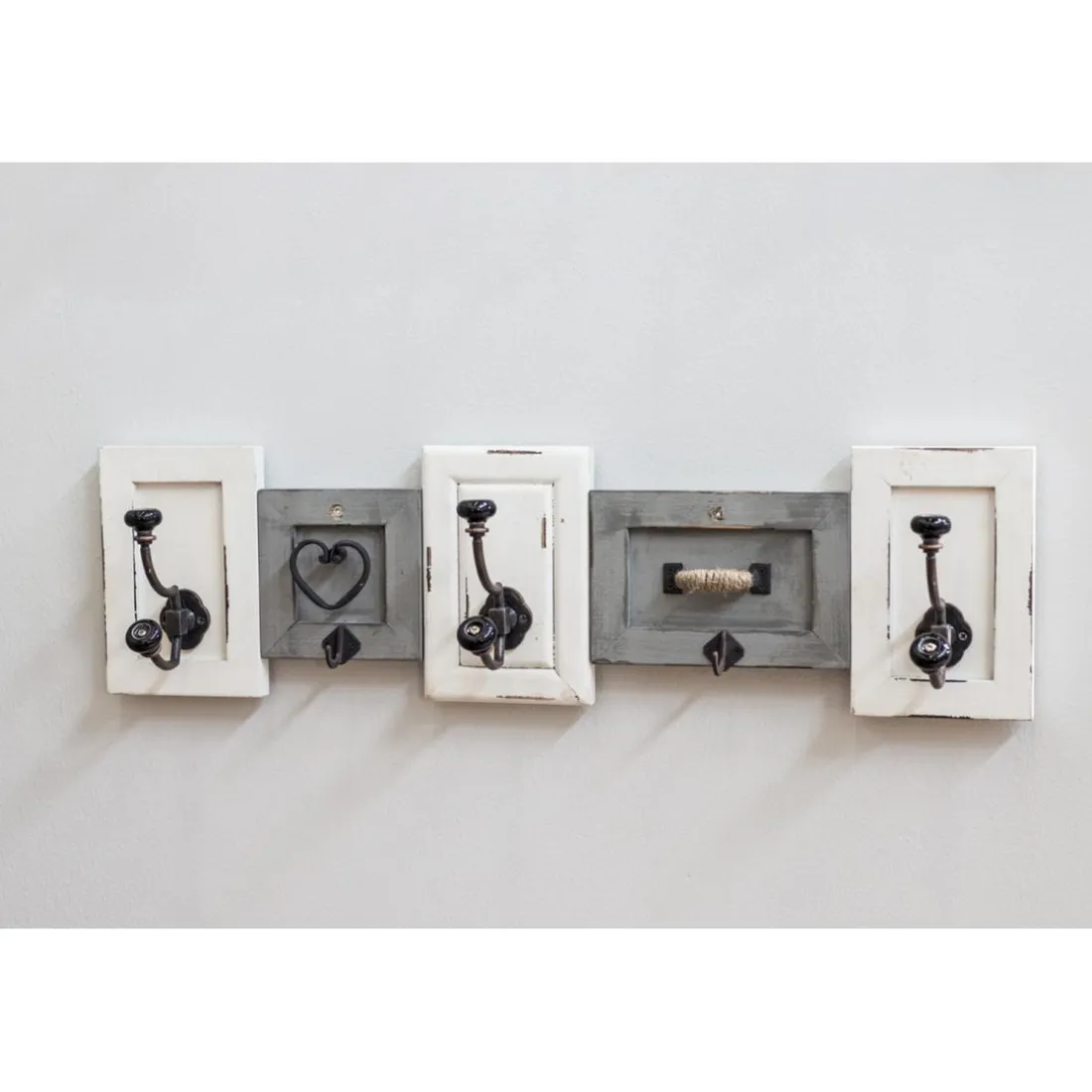 Patère murale avec 4 crochets en Bois massif optique Vintage Blanc